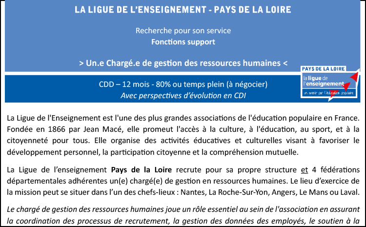 La Ligue de l’enseignement des Pays de Loire recrute : Un.e Chargé.e de gestion des ressources humaines