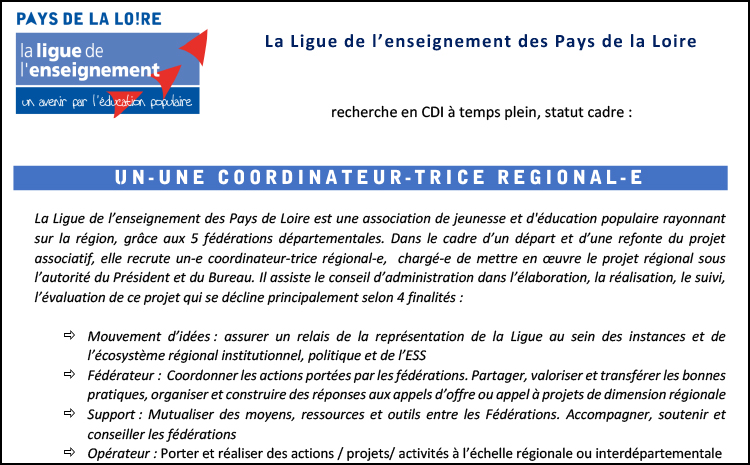 La Ligue de l’enseignement des Pays de Loire recrute : un-e coordinateur-trice régional-e